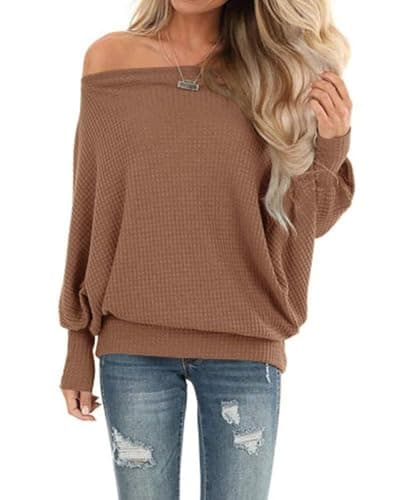 Lacozy Women's Off The Shoulder Tops Waffle Knit Oversized Sweatshirt Long Sleeve Tunic Shirts Pullover Sweaters Coffee Size XL