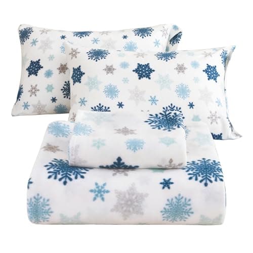 Softan Christmas Fleece Sheets Full Size, Flannel Like Soft, Velvet Polar MicroChristmas Fleece Sheets for Winter, Snowflake