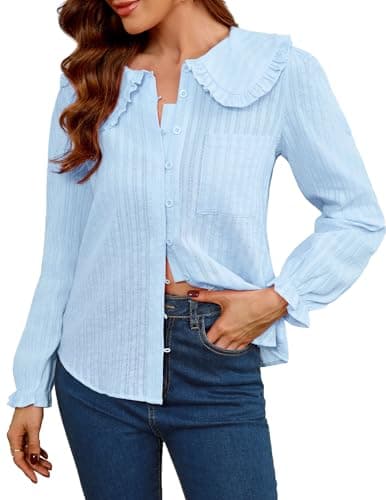 LOOKBOHO Women Spring Long Sleeve Shirts Peter Pan Collar Button Down Blouse Lightweight Cotton Tops, Elegant Work & Casual Wear, Puff Sleeve Fall Tops Pure Blue Small