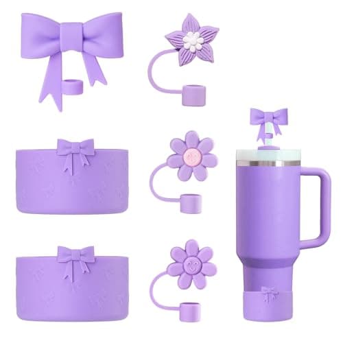 SEEZIZI Stanley Tumbler Accessories Set Including 4 Pcs Siliocne Straw Covers Toppers Caps compatible with 10mm/0.4 in Stanley Cup Straw,2 Pcs Siliocne Bow Boot for Stanley Cup 40oz 30oz 20oz - Purple