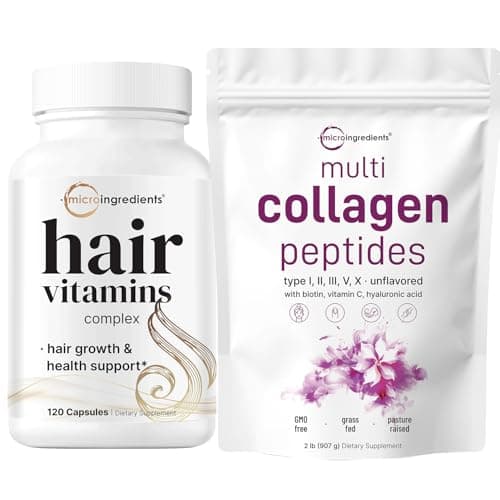 Micro Ingredients Multi Collagen Protein Powder 2 Pounds & Hair Vitamins Complex Capsules Bundle Pack | Grass-Fed Collagen Peptides | 14-in-1 Advanced Hair Growth Support