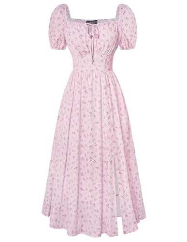 Scarlet Darkness Women's Floral Corset Dress with Split 2026 Summer Spring Square Neck Midi Milkmaid Dresses Pink Green Floral S