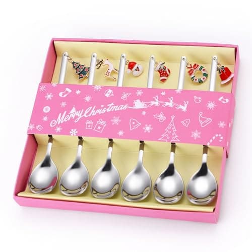 A · HOUSEWARE Dessert Spoons Silverware Christmas Silver Small Stainless Steel Flatware 6 Pieces Xmas Decorative Pendants Stirring Utensils for Coffee Tea Drinking Festival Everyday Use