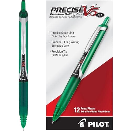 Pilot Precise V5 RT Refillable & Retractable Rollerball Pens, Extra Fine Point Pens 0.5 mm, Green, Pack of 12 - Ideal for School, Journaling & Office Writing