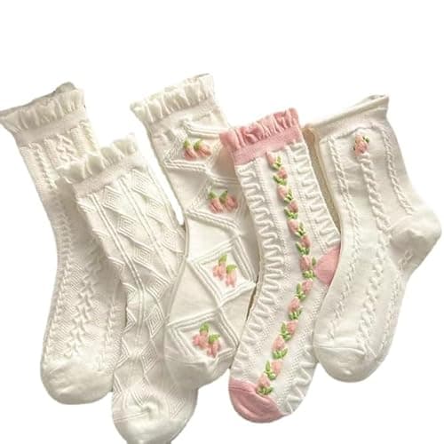 MTKAEWU 4/5 Pack Cute Womens Floral Socks, Cotton Vintage Embroidered Casual Crew Socks, Girly Cottagecore Tulip Dress Socks (One Size, White)