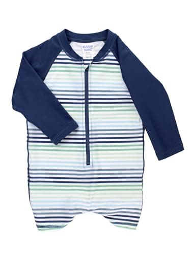 RUGGEDBUTTS Baby/Toddler Boy Swimsuit, One Piece Zipper Rash Guard Sunsuit with UPF 50+ Sun Protection - Coastal Stripes, 12-18m