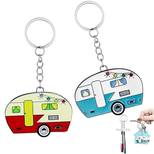 TrustBlai Double-Sided RV Camper Keychain, 2 Pack Retro Travel Trailer Metal Key Ring for Women Men, Durable Camping Gear Accessories for Backpack Purse, Cute Couples Gift Set