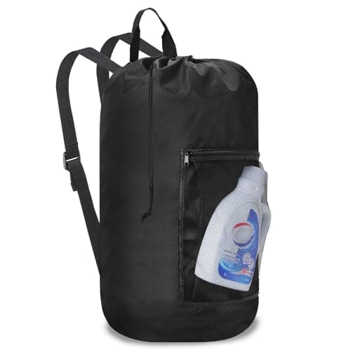 Laundry Bag Backpack Durable Laundry Bag with Shoulder Straps and Mesh Pockets Portable Laundry Hamper Dirty Clothes Bag for College, Travel, Laundromat, Apartment (Black)