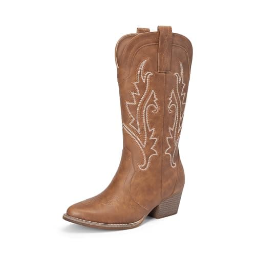 DREAM PAIRS Women's Cowboy Cowgirl Boots Embroidered Pointed Toe Low Heel Western Mid Calf Boot for Theme Party Country Concert,Size 7.5,Brown,DWUMMB2503