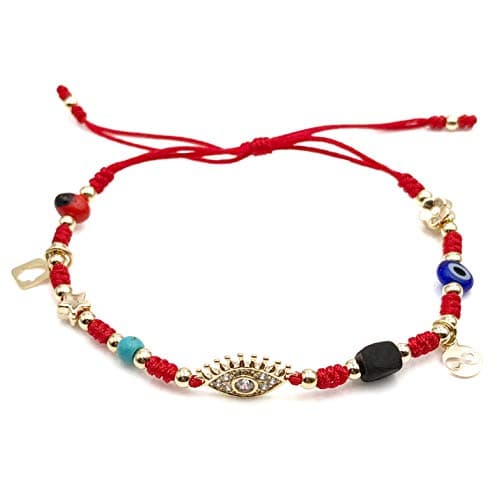 CRUZONE Multi-talisman Charms Bracelet for Women Evil Eye Dainty Peonia Seed Beads Genuine Azabache Jet Stone and Blue Evil Eye Bead Red String.