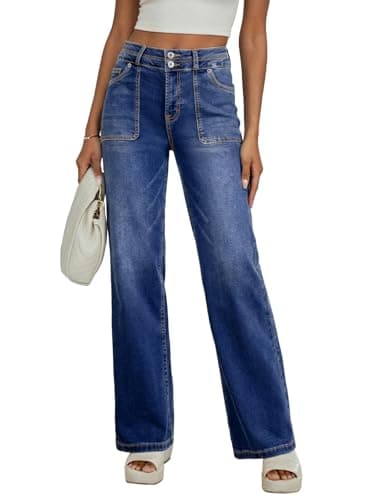 EVALESS Womens High Waisted Wide Leg Jeans Trendy Fashion Stretchy Boyfriend Tummy Control Straight Leg Jeans Loose Zimbaplatinum Denim Pants Bluing Size 18