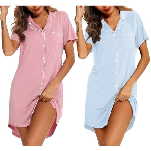 Samring Night Dress for Women 2 Pack Nightgowns Button Down Night Shirts