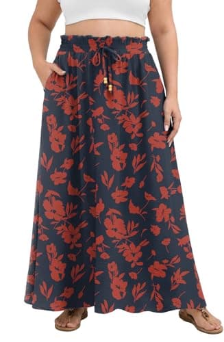 Lastshe Women Plus Size Maxi Skirts Summer Casual Boho Flowy Pleated Elastic Waisted Ladies A-line Beach Vacation Spring Long Skirt 2026,Print Dark Blue Orange,4X