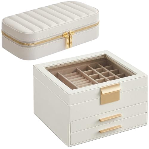 SONGMICS 3-Tier Jewelry Organizer with Glass Lid and Rectangular Travel Jewelry Box Bundle, with Drawers, Mirror, PU, Modern, Gift Idea, Cloud White UJBC239WT and UJBC180W01