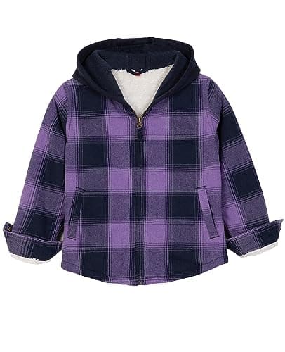 ZENTHACE Kids Boys Girls Sherpa Fleece Lined Hooded Flannel Jacket Shacket Coat Shirt Zipper Hoodie Sweatshirt Purple S 5-6