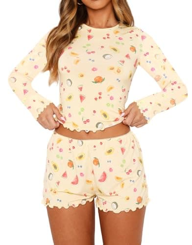 Lacozy Lightweight Pajama Sets for Women 2 piece Cute Fruit Pj Sets Long Sleeve Sexy Crop Top Y2k Sleepwear Fall XL