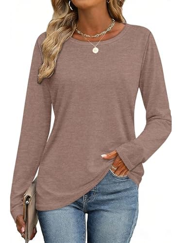 CHICGAL Women Long Sleeve Shirts Casual Tees Fall Crew Neck Basic Tunic Tops(Coffee Brown, S)