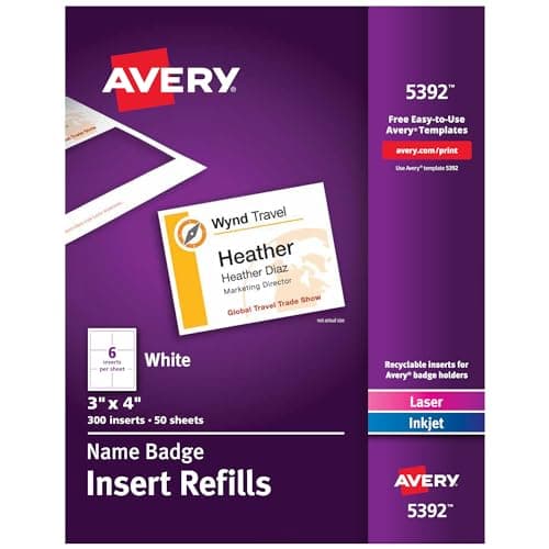 Avery® Customizable Name Badge Inserts for Name Tag Holders, 3" x 4", White, Laser/Inkjet Printable, 300 Total (5392)