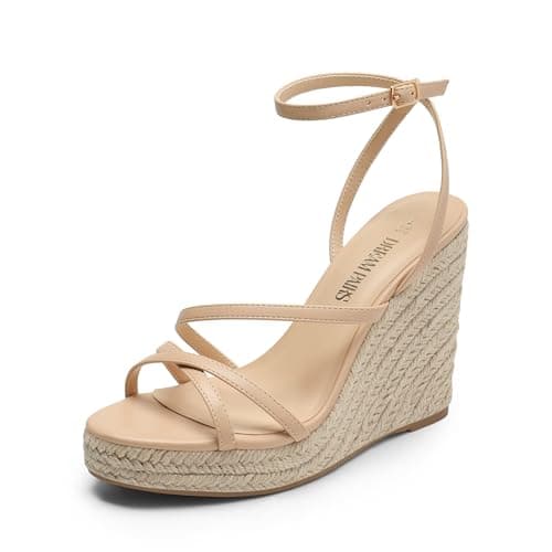 DREAM PAIRS Women's Strappy Espadrille Wedge Sandals,Size 7.5,Nude