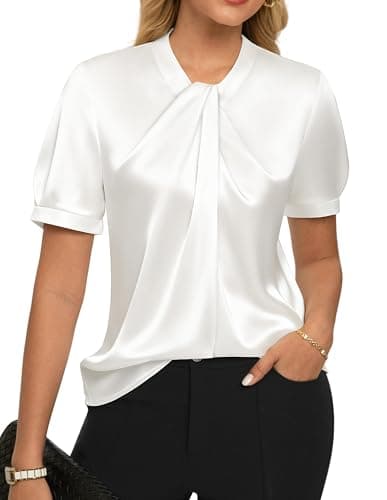 GRACE KARIN 2026 Women Satin Tops Short Sleeve Blouse Mock Neck Work Silk Shirts Business Casual Outfits White S