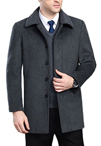 FASHINTY Men's Classical Bussiness Style Turndown Collar Wool Coat #00237 Gray XL