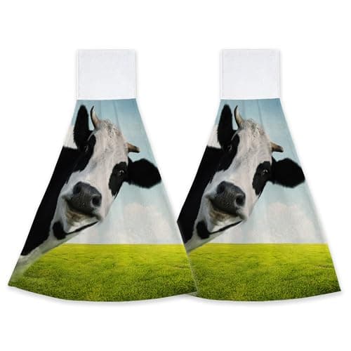 Funny Cow Hand Towel Kitchen Hand Towels 2 PCS Dish Towel Fast Drying Hanging Tie Towels for Bathroom Home 12x17 Inch