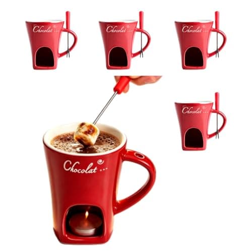 GOVNPJ Fondue Cup Set - 4 Ceramic Chocolate Fondue Mugs with 4 Stainless Steel Forks - Mini Fondue Set for Cheese/Chocolate Fondue, Butter Warming & Dipping (Candles Not Included)