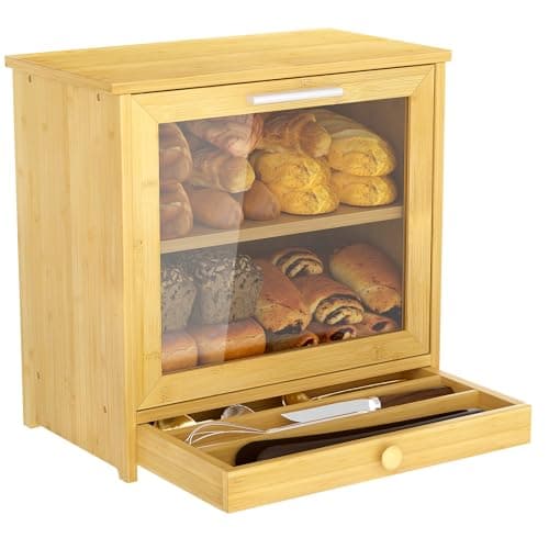 Bambition Bamboo Bread Box with Drawer, Double Layer Bread Box with Window, Large Capacity Wooden Bread Storage Container for Kitchen Countertop
