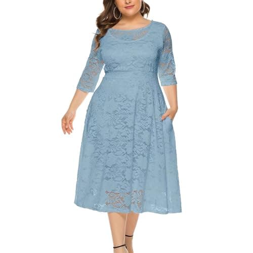 Eternatastic Womens Scooped Neckline Floral lace Top Plus Size Cocktail Party Midi Dress XL Dusty Blue