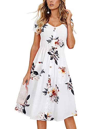 VOTEPRETTY Women's Summer Dress 2023 Casual Short Sleeve V Neck Button Floral Midi Sundress Pockets Spring(Floral02,XXL)