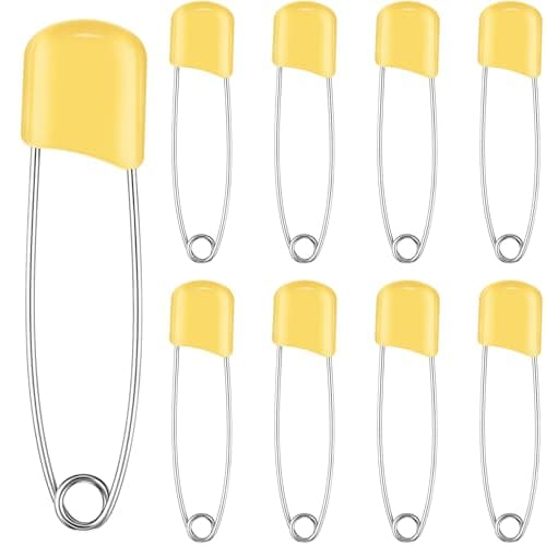 WILLBOND 8 Pcs Safety Pins 2.2 Inch Plastic Head Cloth Pins with Locking Closures Stainless Steel with Velvet Bag, Yellow