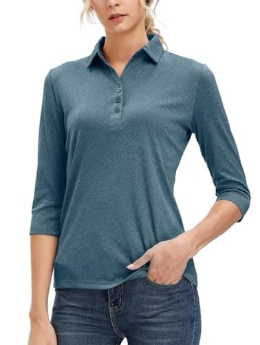 MOHEEN Women's Polo Shirt Quick Dry Performance Moisture Wicking 3/4 Sleeve Golf Polo Shirts for Women Athletic Casual Work (12141 M Navy Blue)