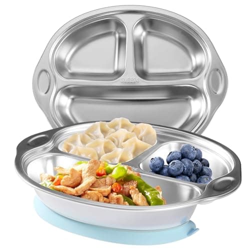 Mrs. Chou® Stainless Steel Kids Plates Suction Plates Divided Baby Plates Toddler Plate, Ideal for Infant Baby-Led Weaning Bowls Non-Toxic Feeding Supplies Dishwasher Safe BPA-Free 100% Food-Grade