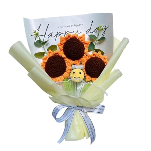 Tokatan Completed Bee Crochet Flowers Bouquet, Handmade Knitted Bouquet, Crochet Artificial Flowers for Mother's Day Birthday, Wedding Home Decor, Gifts for Mom (Sunflower & Bee)