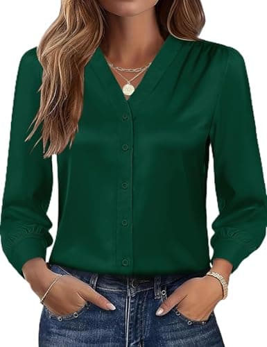 Rapbin Button Down Shirts for Women V-Neck Business Professional Tops Satin Silk Long Sleeve Blouses Old Money Clothes (Dark Green, S)