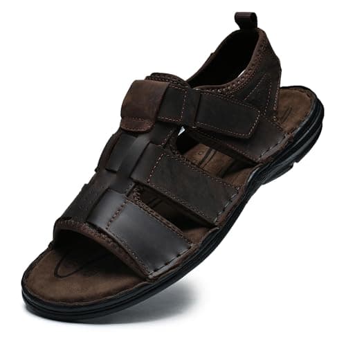 ArcBrothers Men's Premium Leather Sandals - Classic Roman Style Open Toe Sandals - Cushioned Heel, Non-Slip & Sturdy Support