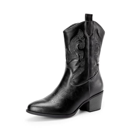 DREAM PAIRS Cowboy Boots for Women, Mid Calf Cowgirl Boots with Embroidery Round Toe Western Chunky Low Heel Shoes,Size 6.5,All Black,DWUMMB2505
