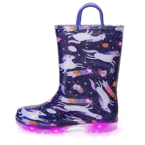 EUXTERPA Toddler Kids Light-Up Rain Boots, Navy Unicorn, Big Kid Size 3