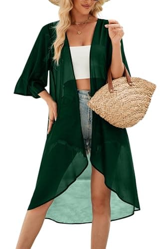 Hibluco Women's Long Floral Kimono Printed Cardigan Sheer Swimsuit Cover Ups