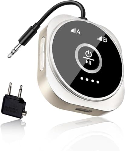 GEYILO Airplane Bluetooth 5.4 Transmitter Receiver with aptX Low Latency,Supports 2 AirPods or Headphones, 24Hr Playtime, 3.5mm AUX Wireless Audio Adapter for Home Stereo, Travel Flight (Silver)