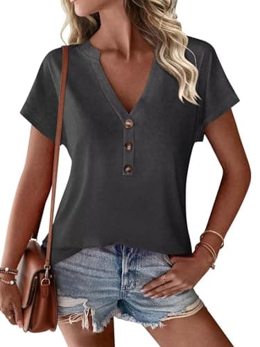EADINVE Womens V Neck Henley Shirts Short Sleeve Summer Casual Buttons Tops