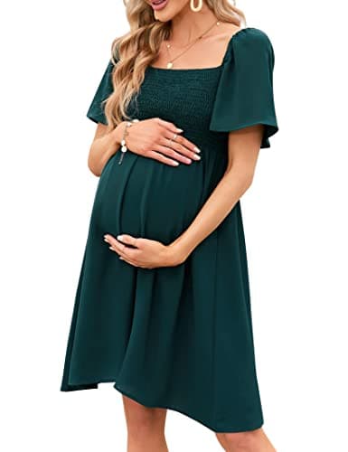 KOJOOIN Summer Maternity Dress Women Smocked Square Neck Puff Sleeve Off Shoulder Pregnancy Baby Shower Photoshoot Dress