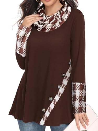 Miusey Long Sleeve Tunic Tops for Leggings Cowl Neck Sweatshirt with Asymmetric Hem Lightweight Pullover Sweaters Dressy Casual Brown Almond Plaid L