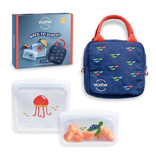 Stasher Silicone Reusable Storage Bags & Insulated Lunch Bag, 3-Pack, Reusable Freezer Bags, Microwave, Dishwasher, Oven Safe, Sous Vide, Lunch Containers, Eco Friendly, Food Storage Bags, Clear