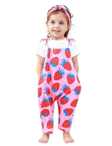 Lindanina Toddler Girls Romper Red Strawberry Sleeveless Kids Jumpsuit Summer Cute Clothes Adjustable Tie-Up Strap Size 4-5T One Piece Pink Soft Casual Outfits with Pocket Headband Outdoor