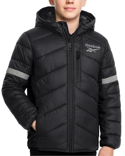 Reebok Boys Puffer Jacket - Heavyweight Quilted Wind & Water Resistant Boys Winter Coat - Insulated Bubble Kids Winter Jacket, Size 10-12, Charcoal Slate