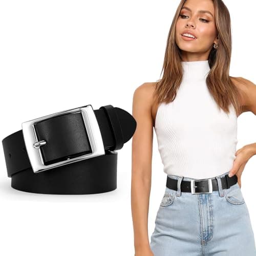 SUOSDEY Fashion Womens Leather Belts,Wide Waist Belt with Pin Buckle for Jeans Pants Dresses,1.5" width,black