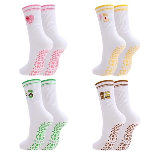 scenicamp 4 Pairs Cute Pilates Socks with Grip for Women Cotton Non Slip Crew Socks Embroidery for Yoga Ballet Workouts
