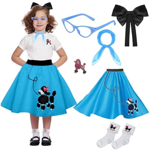 Pikpops 50s Girls Poodle Skirt Kids Sock Hop Outfit, Decades Day Costume - Grease Accessories Bobby Socks, Scarf & Glasses (Blue, 4-6 Yrs)