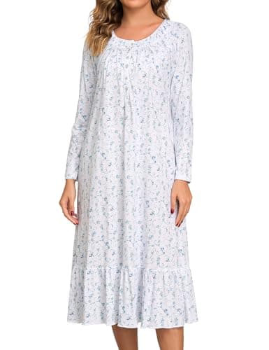 MZROCR Cotton Nightgowns for Women Soft Long Sleeve Night Gowns for Adult Women Comfy Night Shirts Lightweight SleepwearGradient blue flowerLarge